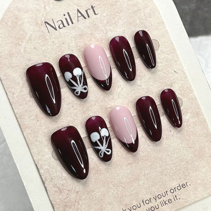 Dark Burgundy Nails Flower French Vintage