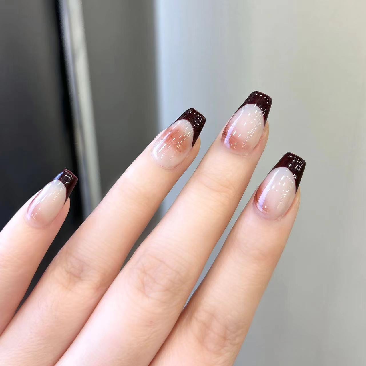 Coffin French Nails Burgundy Marble Classy