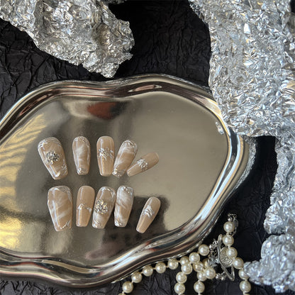 Brown And White Marble Nails Press On Coffin