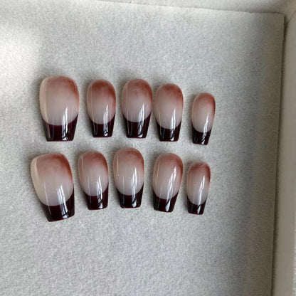 Coffin French Nails Burgundy Marble Classy