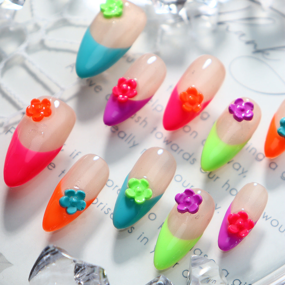 Neon French Nails 3D Flower Almond