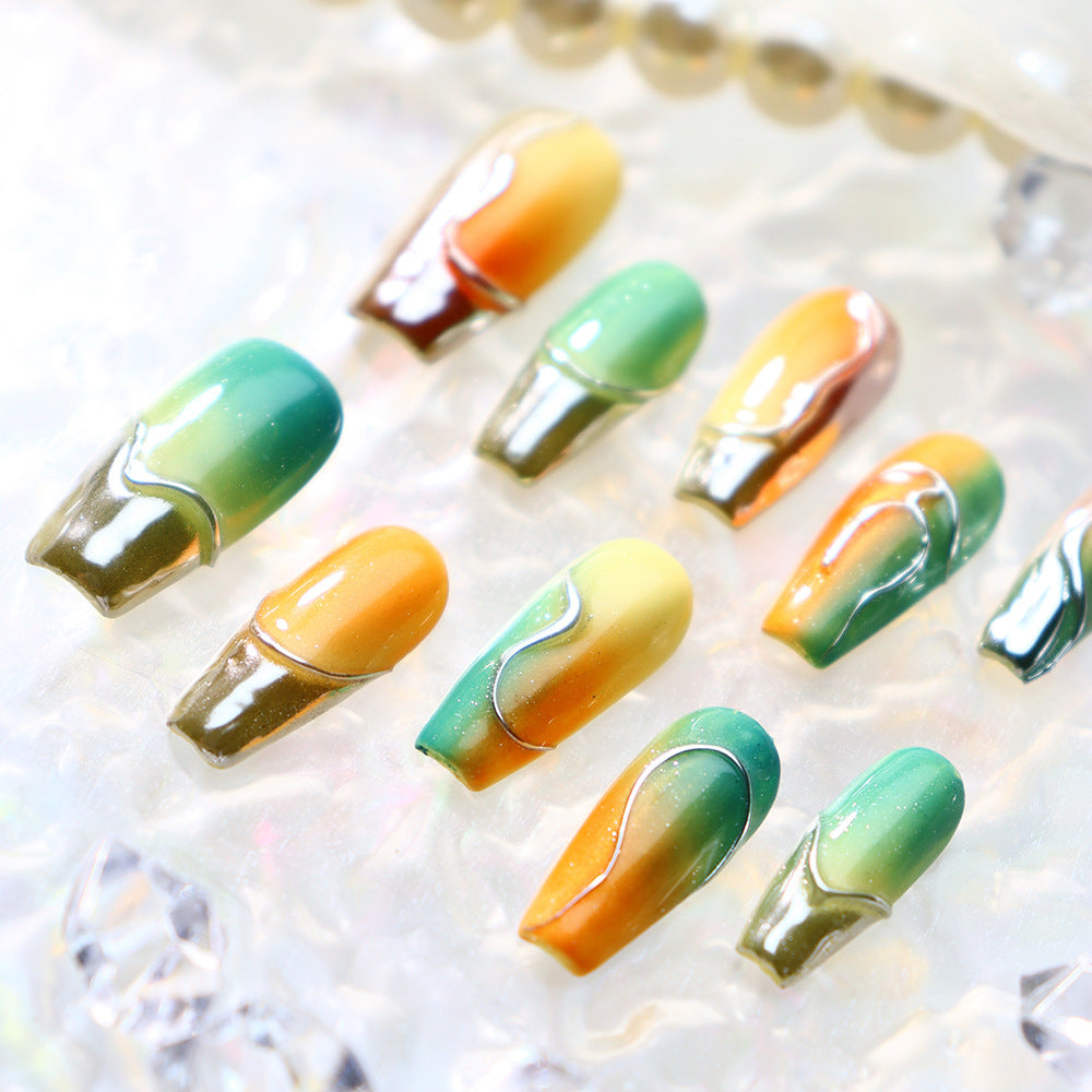 Orange and Green nails Ombre Chrome Coffin