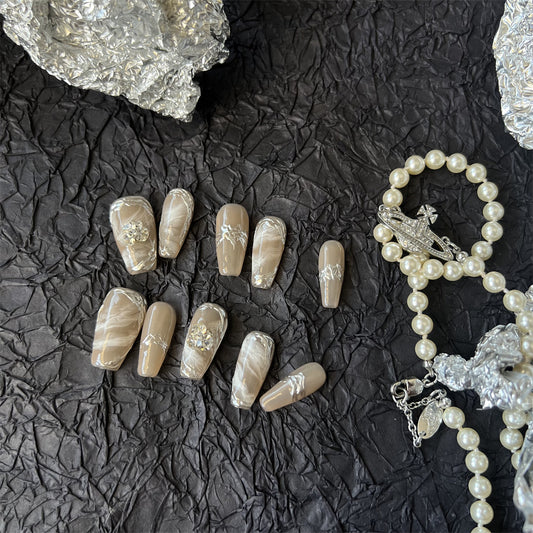 Brown And White Marble Nails Press On Coffin