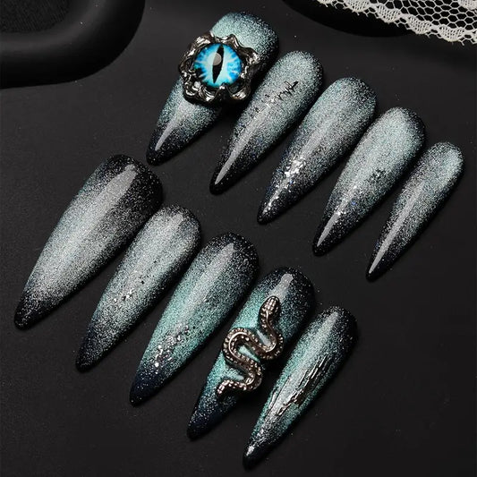 3D Evil Cat Eye Stiletto Blue Ombre Nails