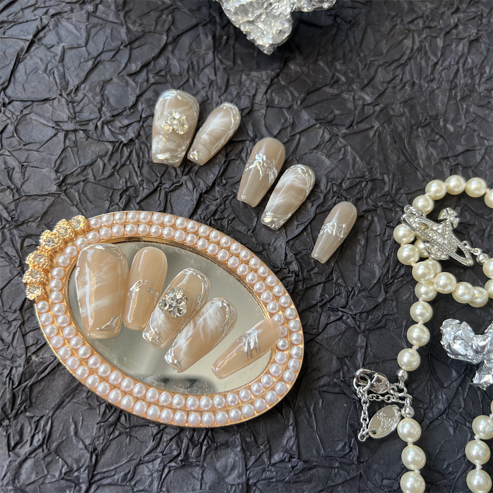 Brown And White Marble Nails Press On Coffin