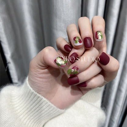 Matte Burgundy Nails With Gold Short