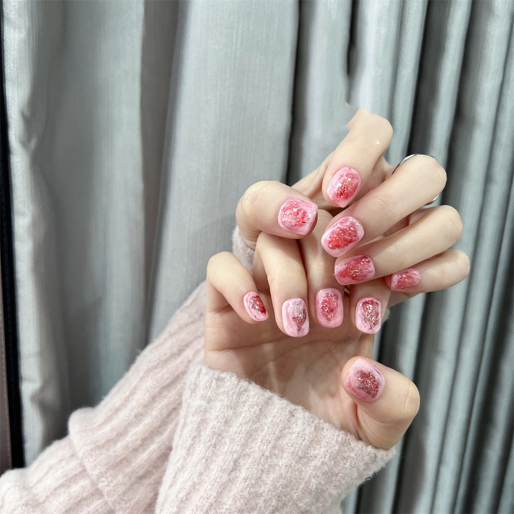 Pink Marble Nails With Glitter Short Valentine