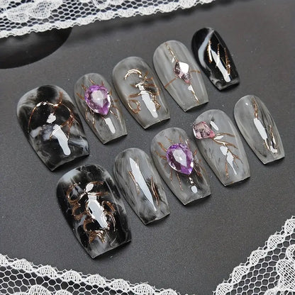 Marble Gem Coffin Black Ombre Nails