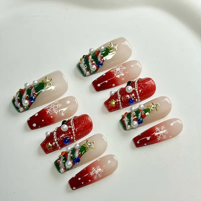 3D Christmas Tree Coffin Red Ombre Nails