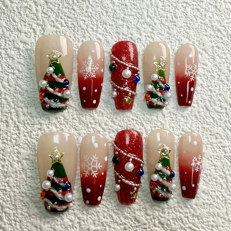 3D Christmas Tree Coffin Red Ombre Nails