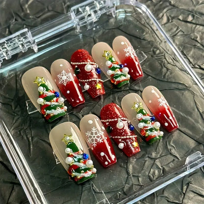 3D Christmas Tree Coffin Red Ombre Nails