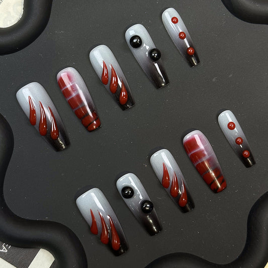 Red Black 3D Edgy Coffin Ombre Nails