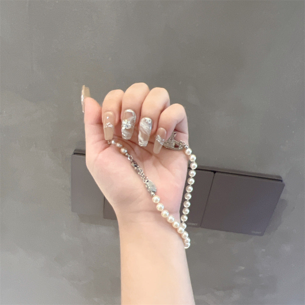 Brown And White Marble Nails Press On Coffin