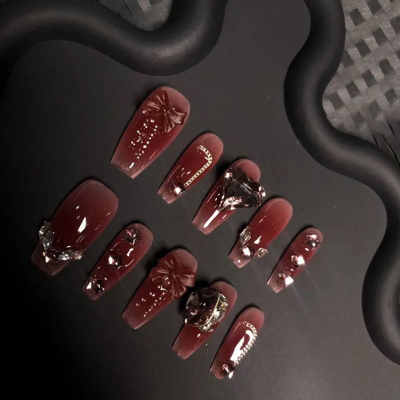 Bow Crystal Coffin Red Ombre Nails