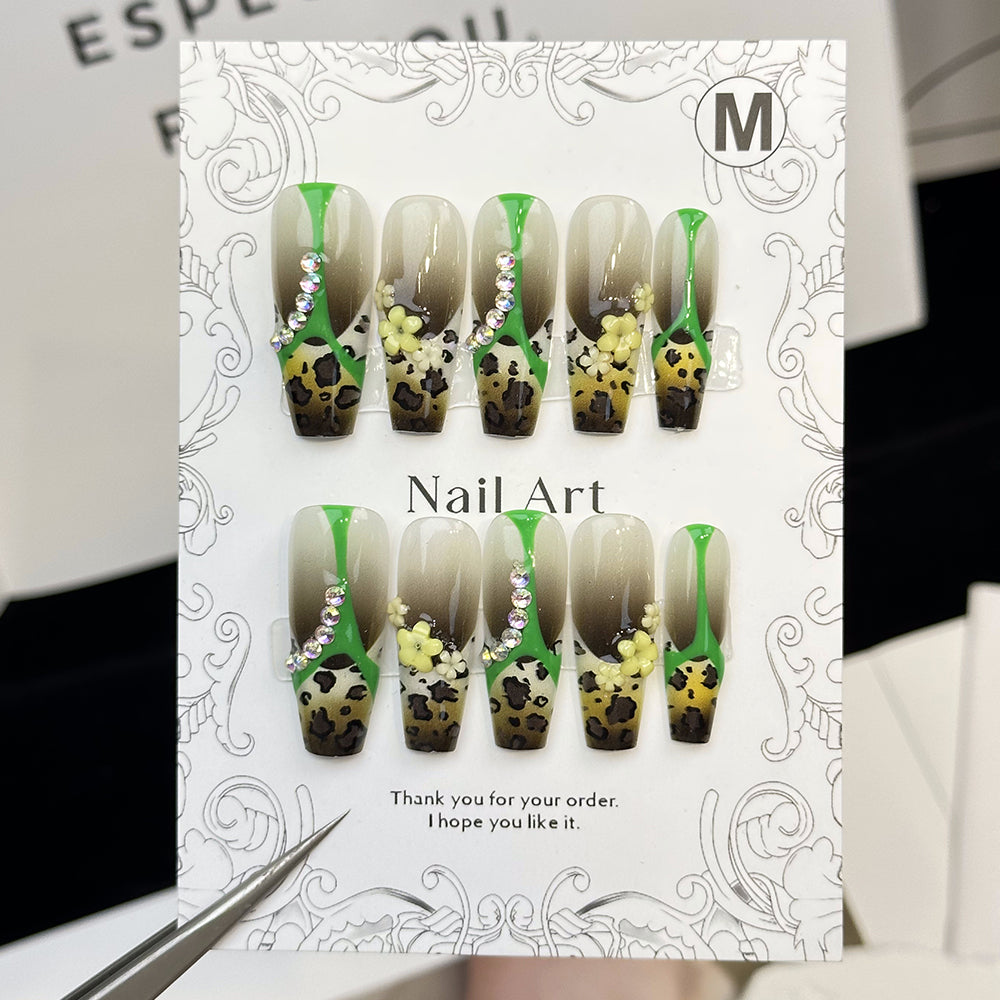 Leopard French Rhinestone Coffin Green Ombre Nails