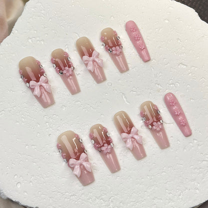 Coquette French Coffin Pink Ombre Nails