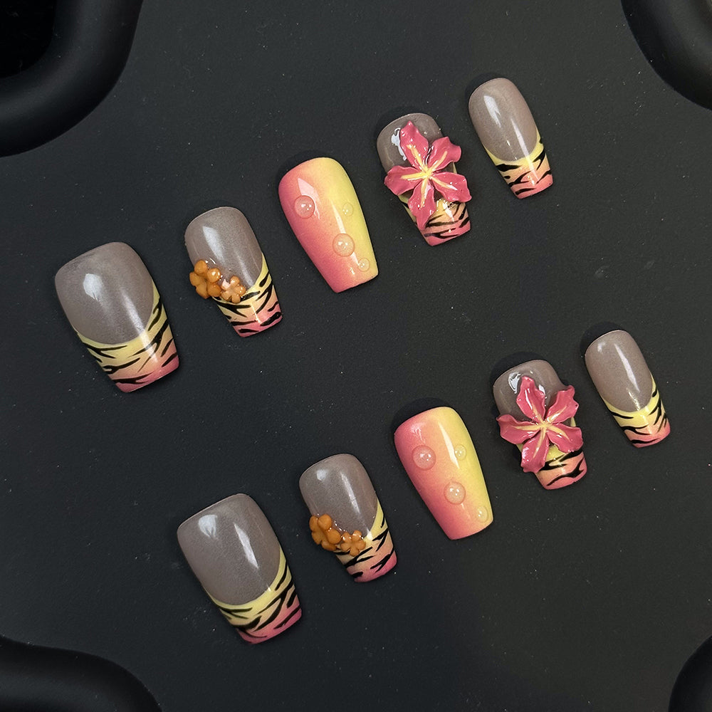 Tiger French Flower Coffin Pink Ombre Nails