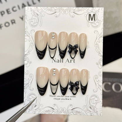 Hollow French Bow Almond Beige Ombre Nails