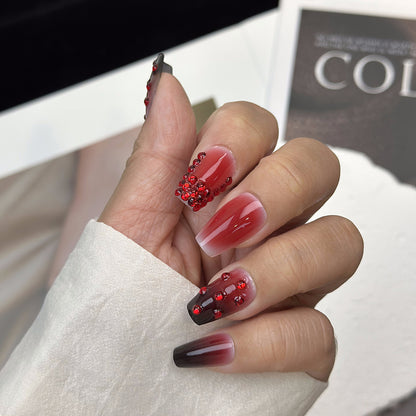 Rhinestone Coffin Red Ombre Nails