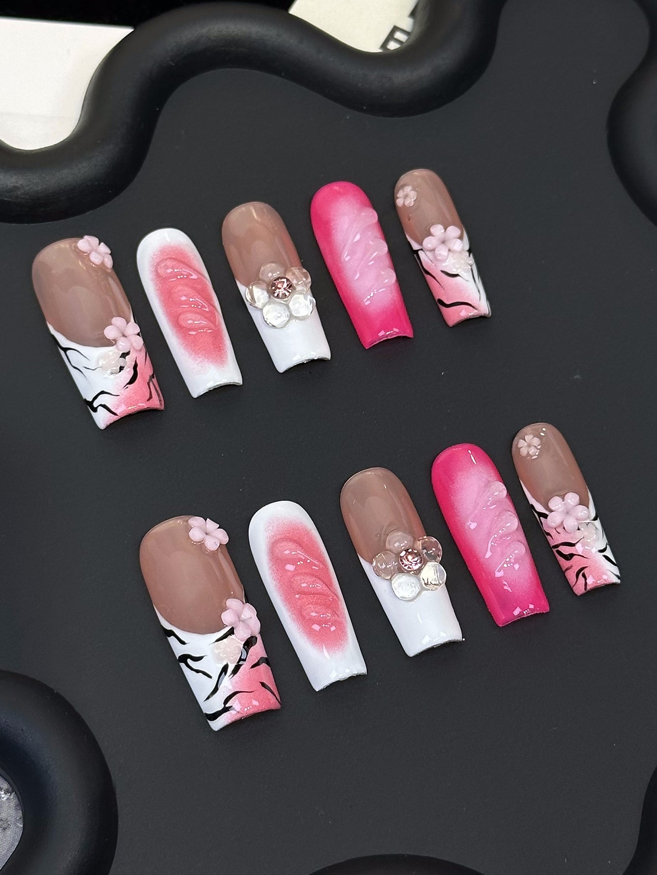 3D Flower Zebra Coffin Pink Ombre Nails