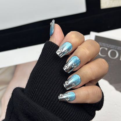 Metalic Rhinestone Coffin Blue Ombre Nails