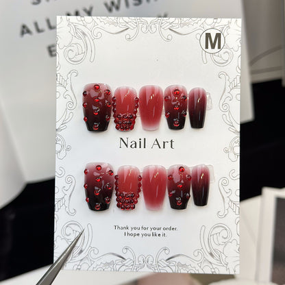 Rhinestone Coffin Red Ombre Nails