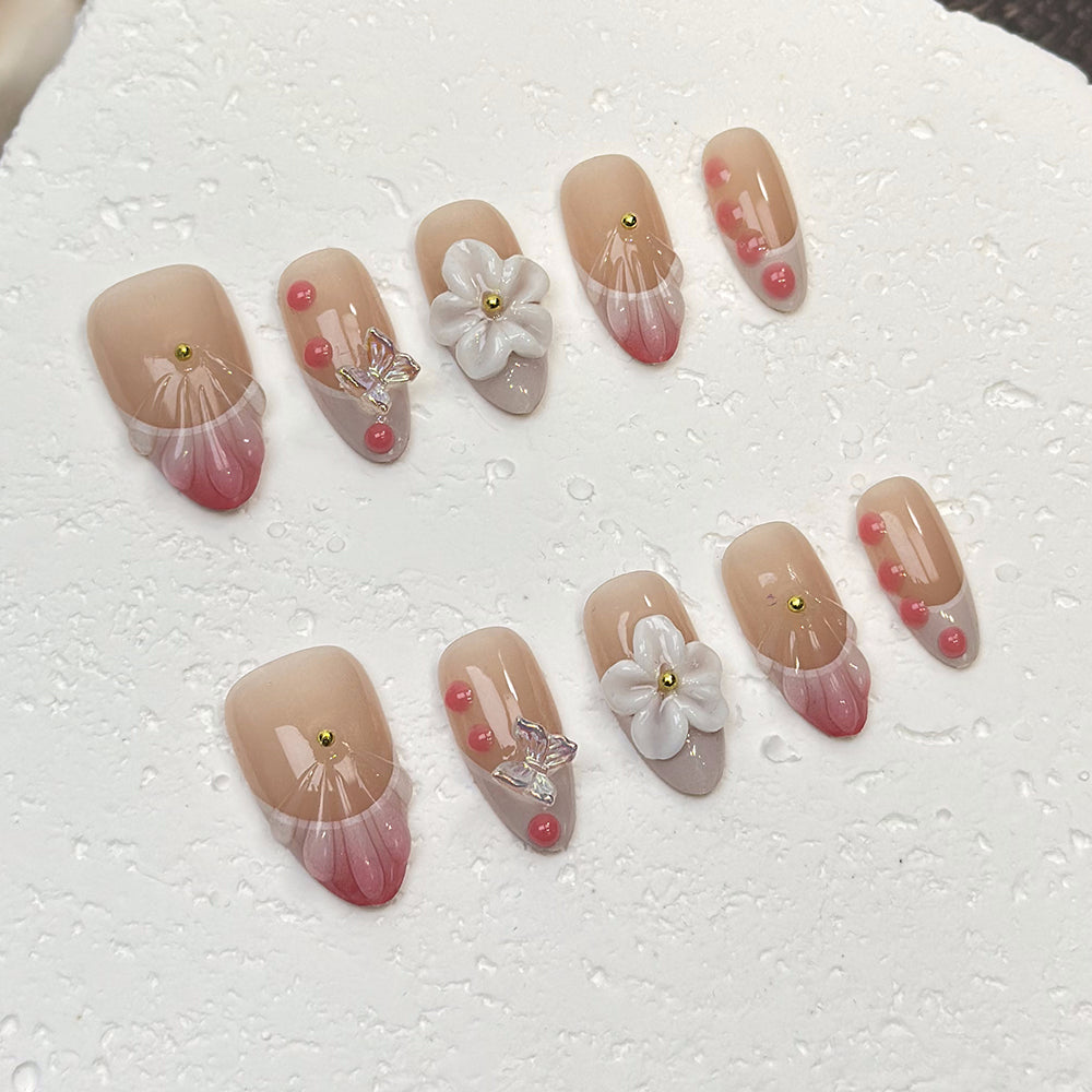 3D Flower French Almond Pink Ombre Nails