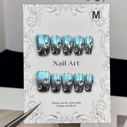 Metalic Rhinestone Coffin Blue Ombre Nails