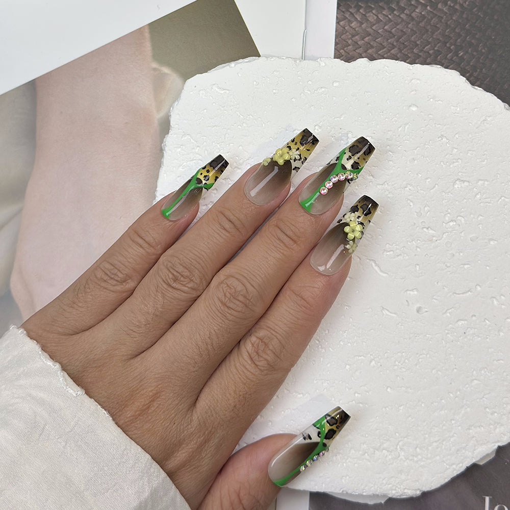 Leopard French Rhinestone Coffin Green Ombre Nails