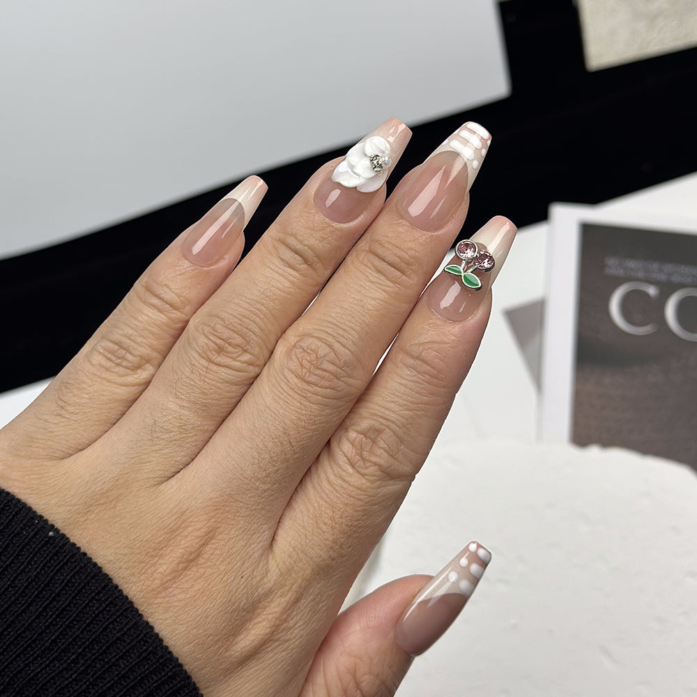 French 3D Cherry Coffin Beige Ombre Nails