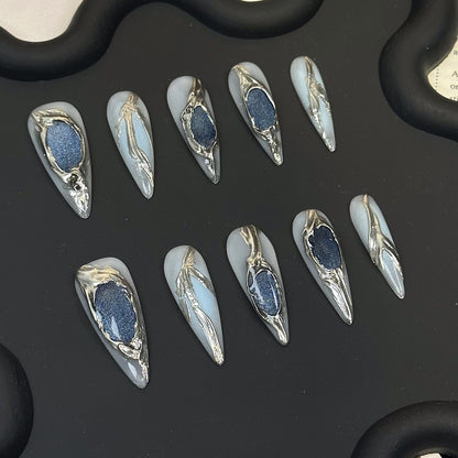 Blue Cat Eye Chrome Stiletto Ombre Nails