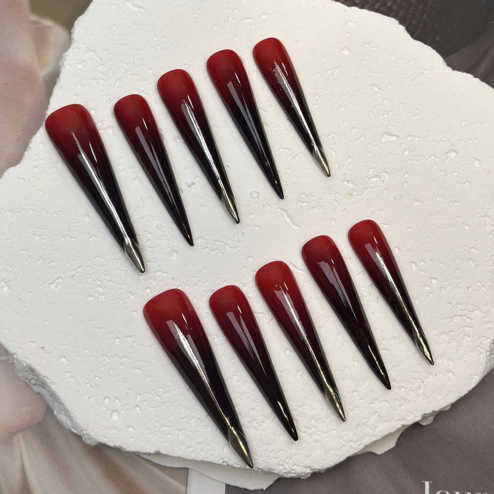 Black And Red Long Stiletto Ombre Nails