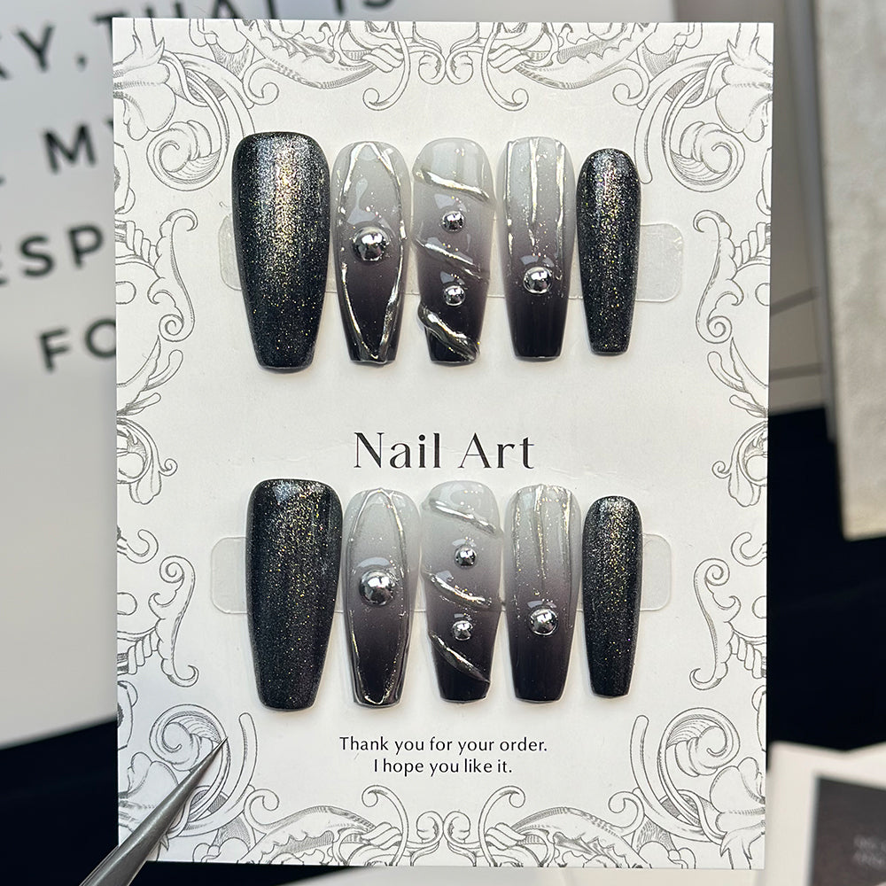 3D Swirl Coffin Black Ombre Nails