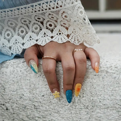 3D Beach Water Almond Blue Ombre Nails