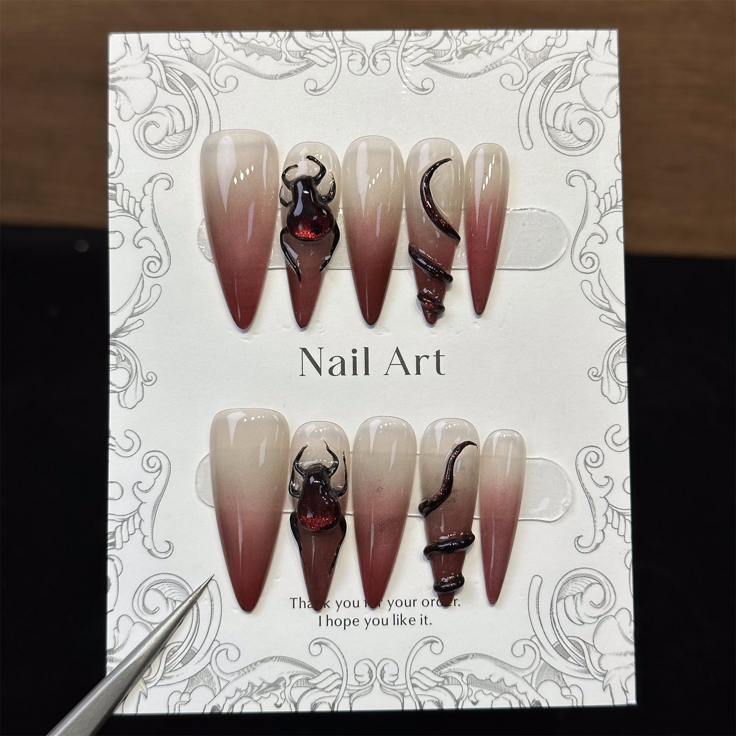 3D Bug Brown Stiletto Ombre Nails