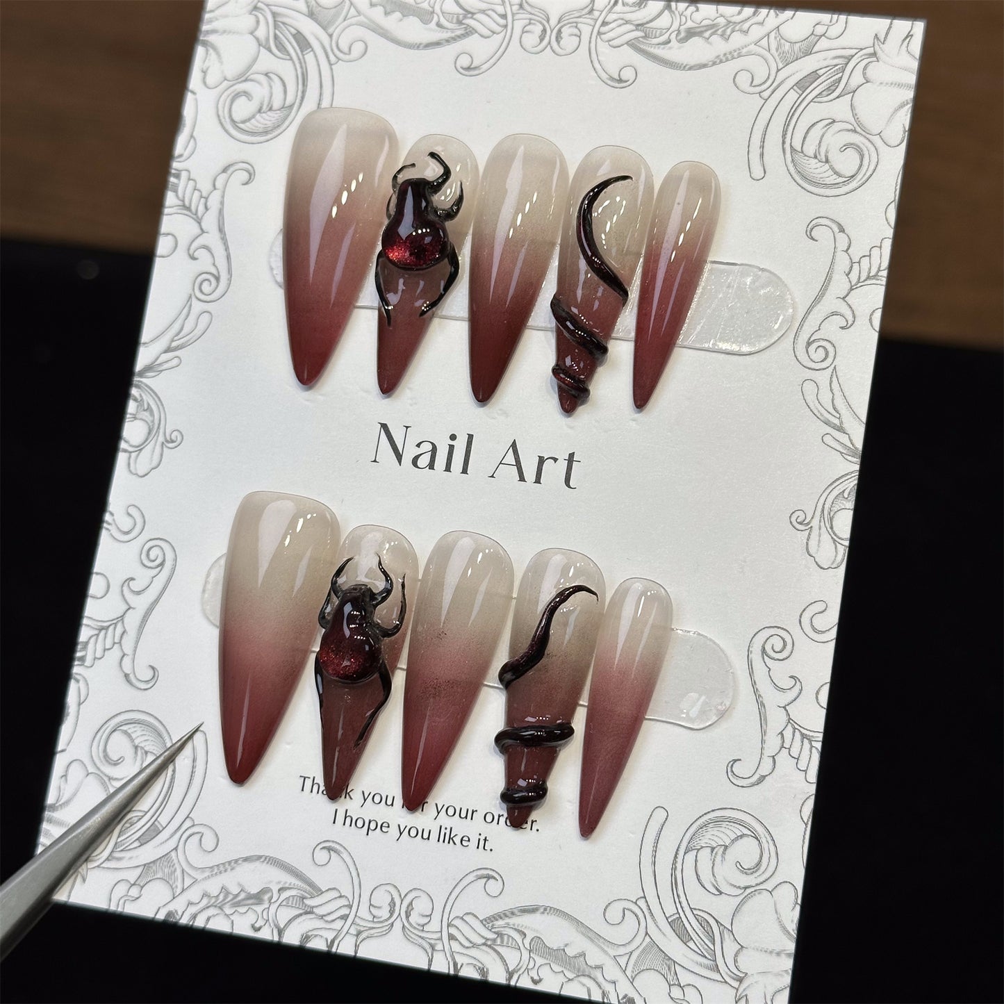 3D Bug Brown Stiletto Ombre Nails