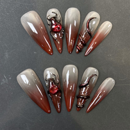 3D Bug Brown Stiletto Ombre Nails