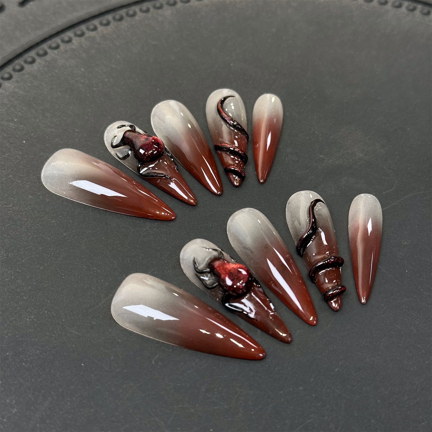 3D Bug Brown Stiletto Ombre Nails