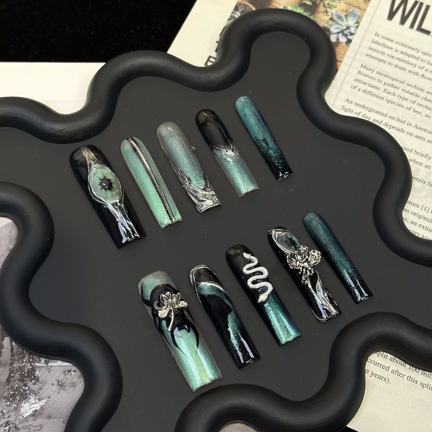 3D Snake Witch Coffin Mint Ombre Nails