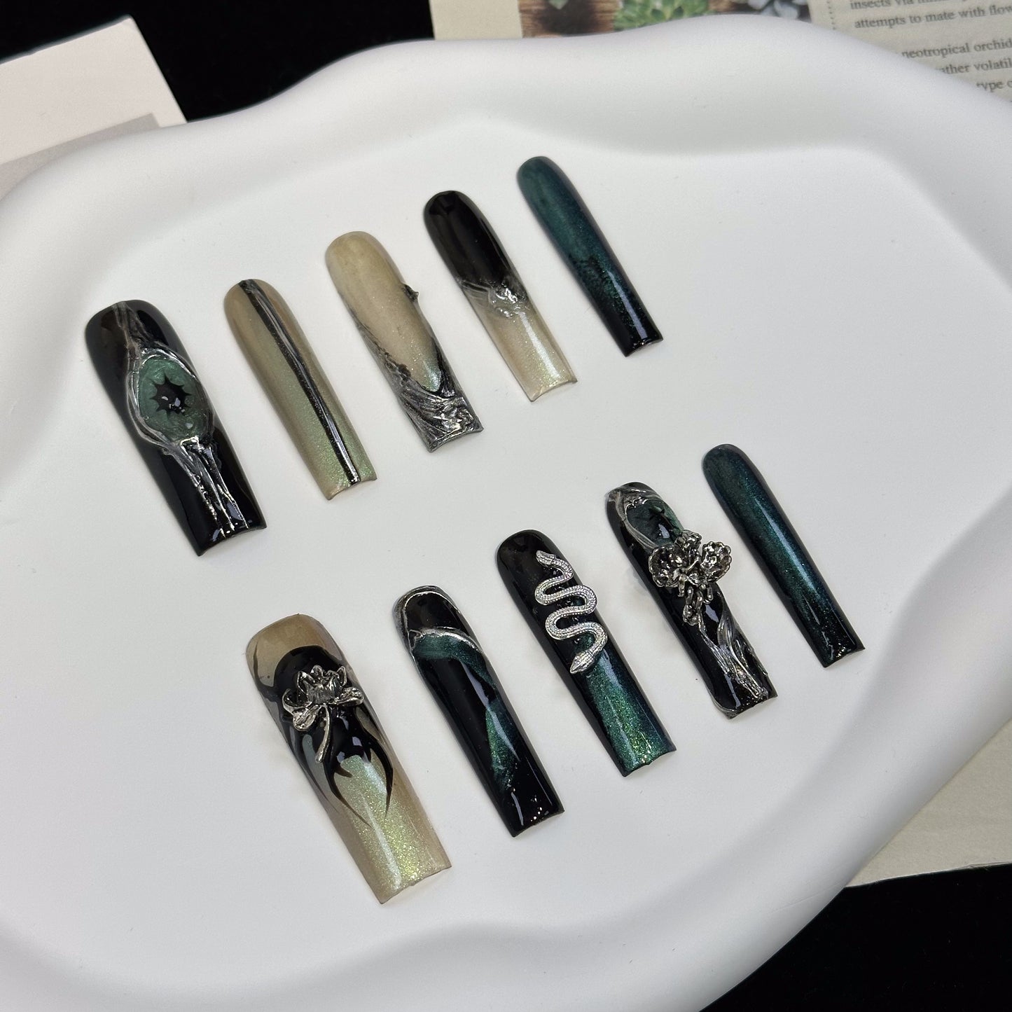 3D Snake Witch Coffin Mint Ombre Nails