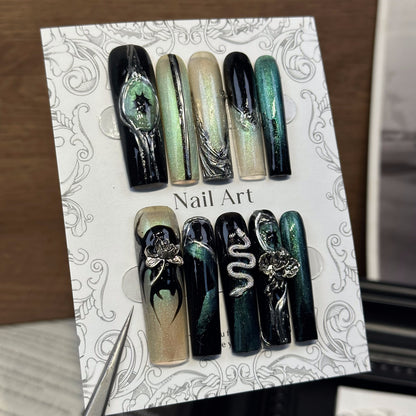 3D Snake Witch Coffin Mint Ombre Nails