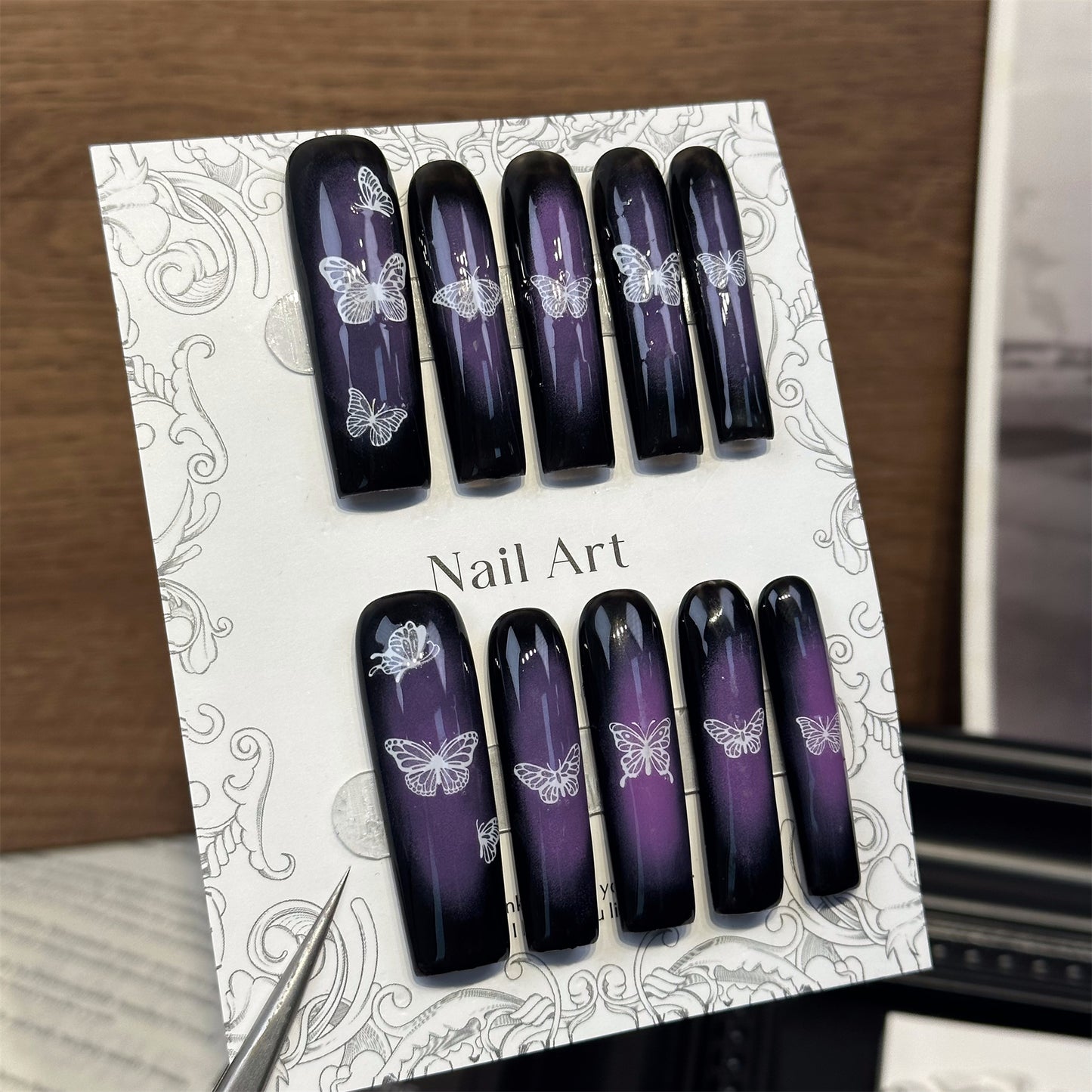 Butterfly Aura Coffin Purple Ombre Nails