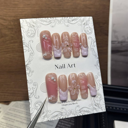 Jelly Flower Pearl Coffin Pink Ombre Nails