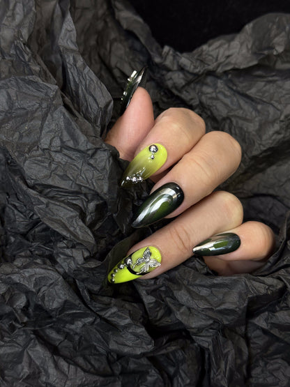 3D Punk Almond Green Ombre Nails