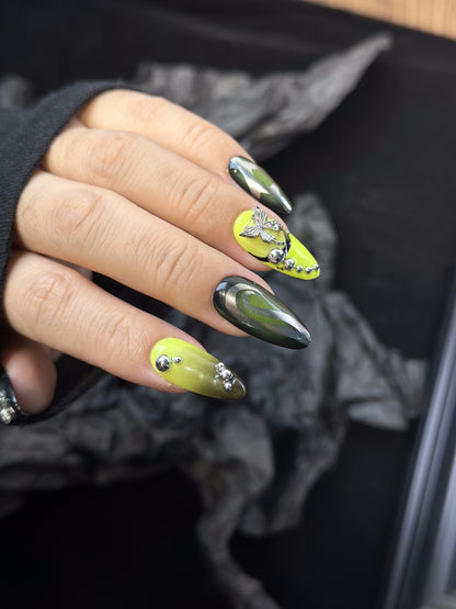 3D Punk Almond Green Ombre Nails