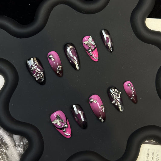 3D Punk Almond Pink Ombre Nails