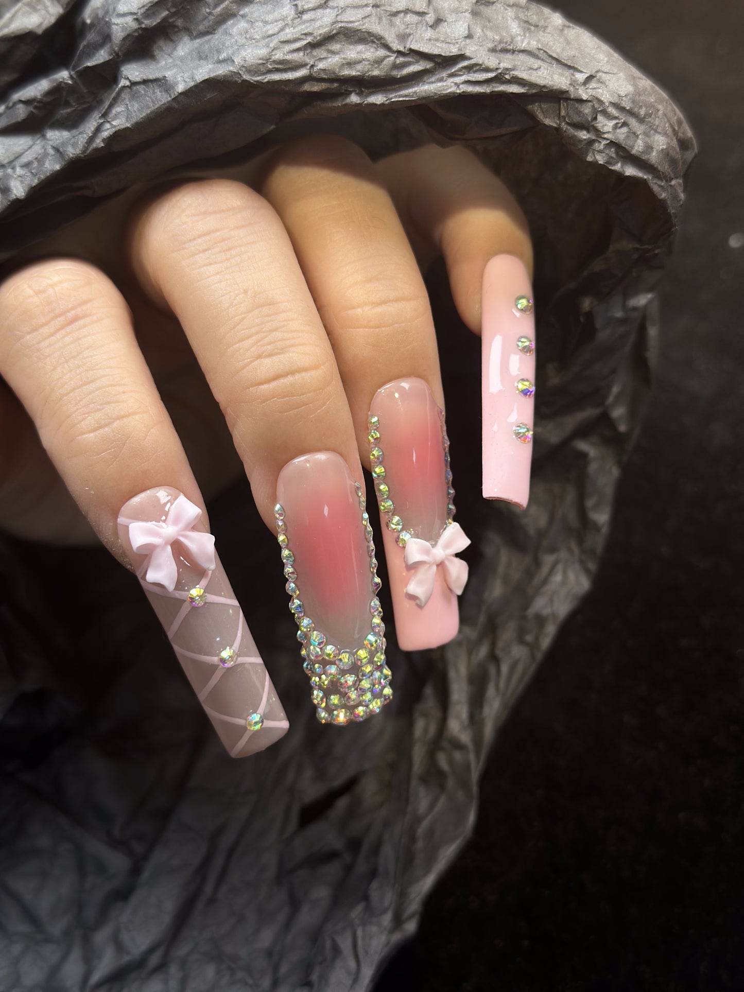 Coquette Rhinestone Coffin Pink Ombre Nails