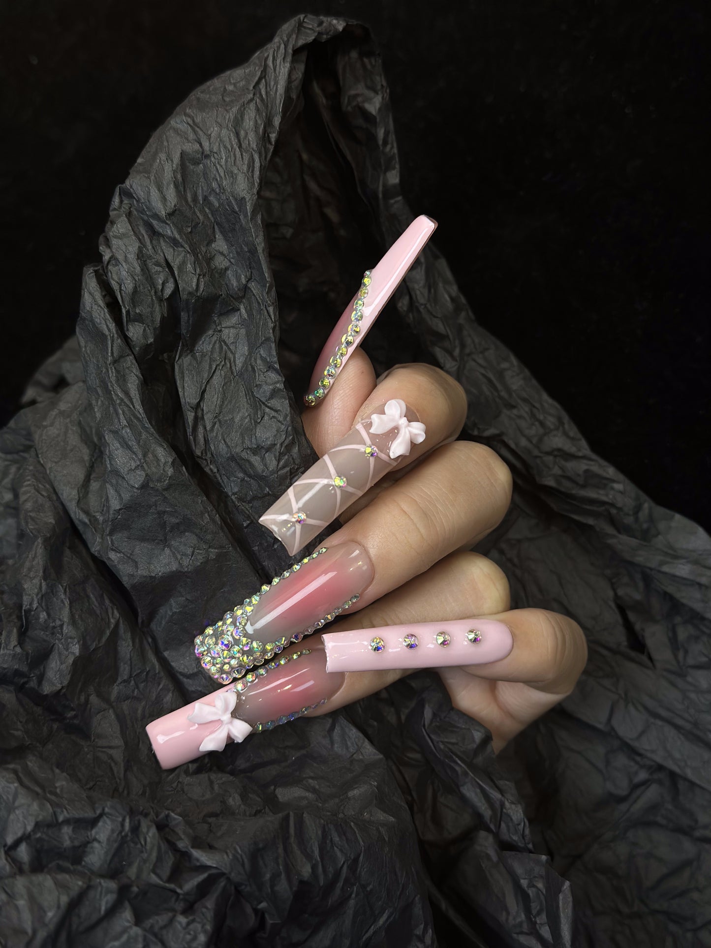 Coquette Rhinestone Coffin Pink Ombre Nails