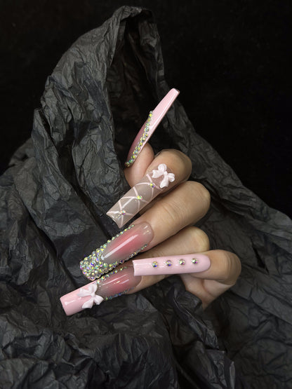 Coquette Rhinestone Coffin Pink Ombre Nails