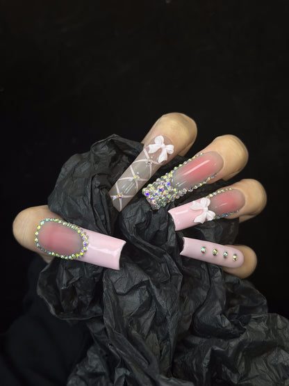 Coquette Rhinestone Coffin Pink Ombre Nails